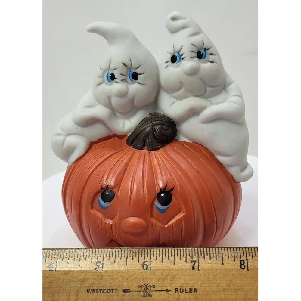 Halloween Ceramic Jack-o-lantern Ghosts Pumpkin Hand Painted Mold Music Box Vtg